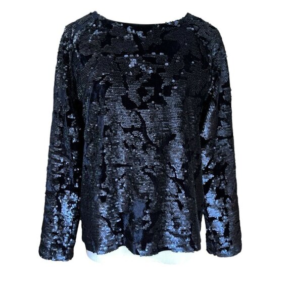 J.O.A. LOS ANGELES NAVY BLUE SEQUIN VELVET CREW NECK SWEATER BC2965 SMALL SHINY - Picture 2 of 9